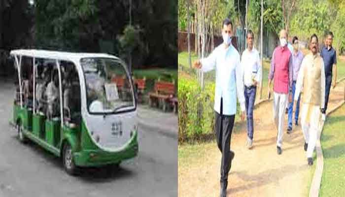 पुरखौती मुक्तांगन में दर्शकों के भ्रमण-अवलोकन के लिए बैटरी चलित वाहन की सुविधा 1 purkhauti