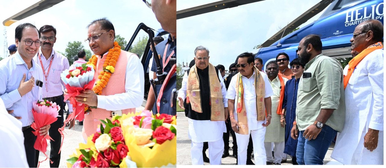Grand welcome given to Chief Minister Sai and Union Minister CR Patil on their arrival at Rajnandgaon.
