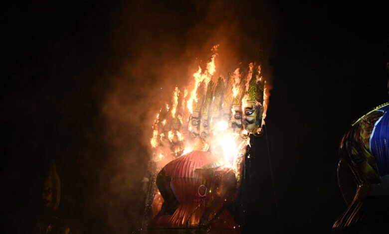 Dussehra festival brings a message of faith, tradition and development; the burning of the 103-foot-tall Ravana attracted thousands.