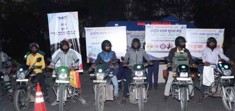 National Road Safety Month: Awareness drive intensified with helmet distribution, mock drills and blood donation on Raipur-Bilaspur Highway