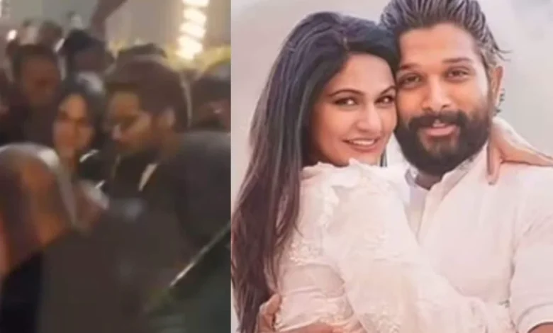 Fans gather at a Hyderabad cafe, Allu Arjun holding his wife Sneha