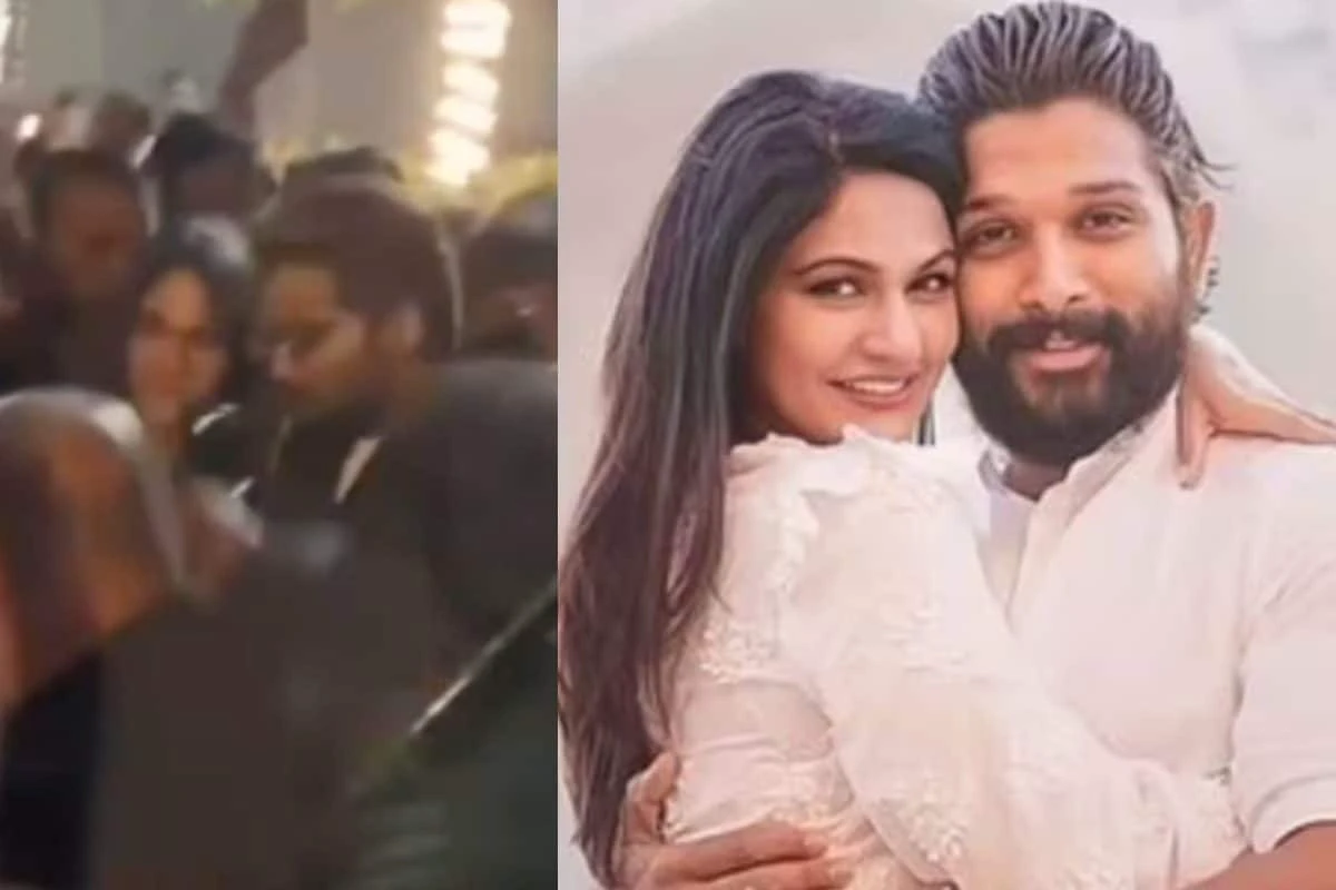 Fans gather at a Hyderabad cafe, Allu Arjun holding his wife Sneha