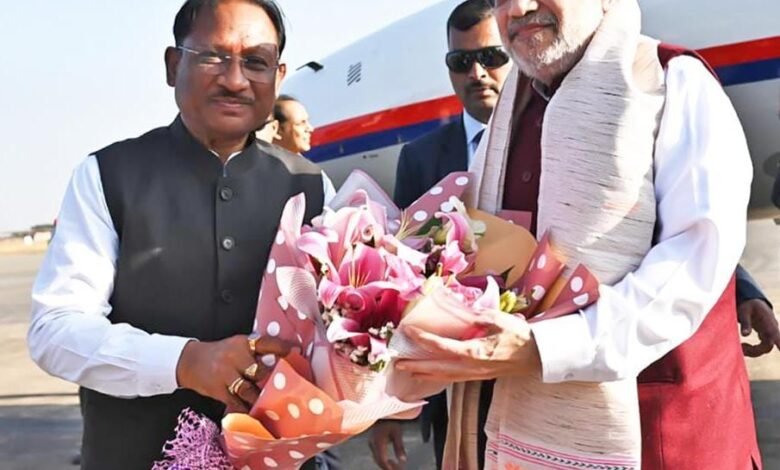 Amit Shah arrives in Raipur on a three-day visit to Chhattisgarh, receives a grand welcome at the airport