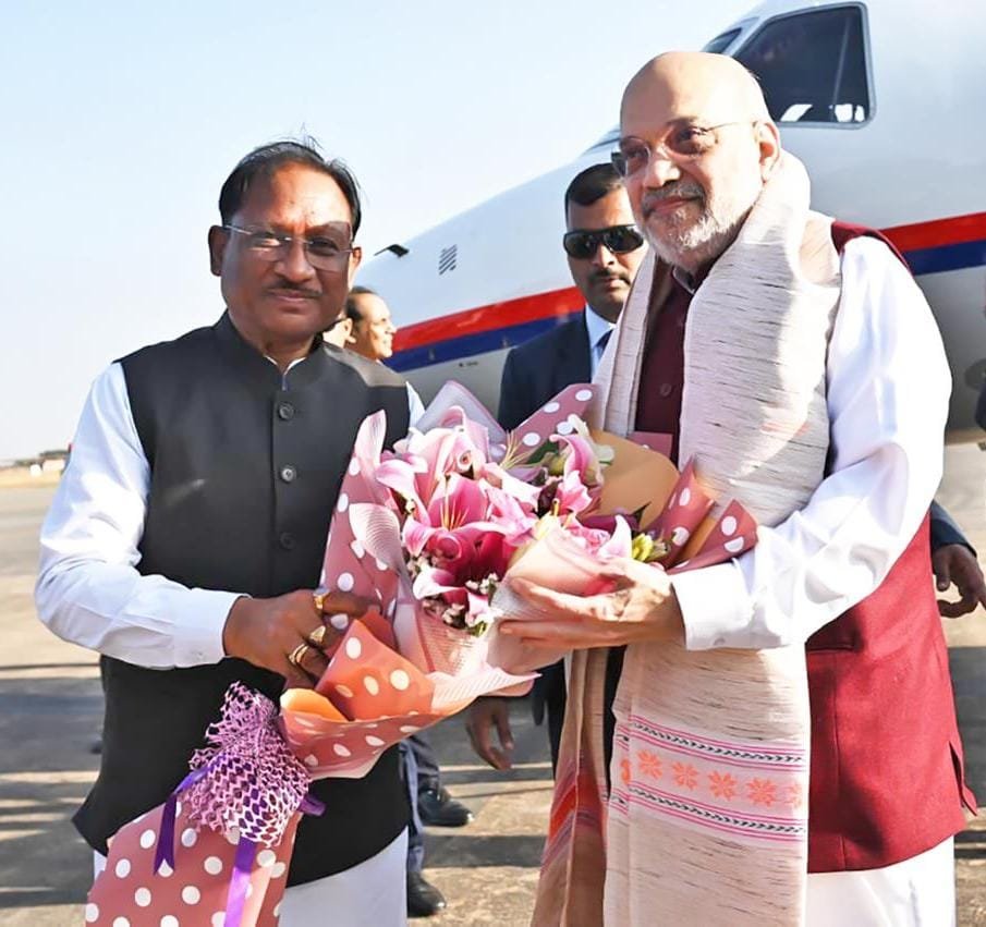 Amit Shah arrives in Raipur on a three-day visit to Chhattisgarh, receives a grand welcome at the airport