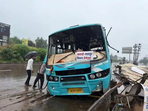 Major accident averted on Raipur Ring Road: Bus careens into bus stop after collision with tanker; 7 passengers safe.