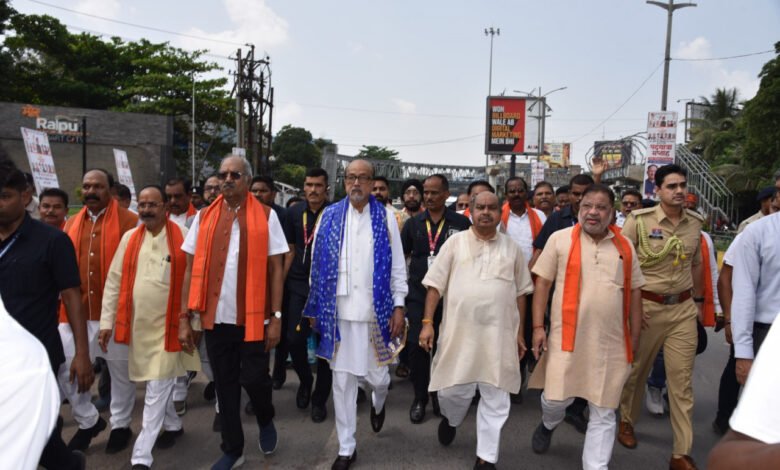 Message of a drug-free India in Raipur on Gandhi-Shastri Jayanti; foot march held with Governor Deka.
